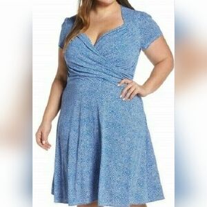 Leota NWT Sweetheart Faux Wrap Blue Patterned Midi Dress Short Sleeve 3X Women's